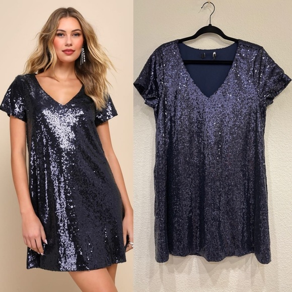 Lulus Dresses & Skirts - NWOT‎ Lulus Light Up the Night Navy Blue Sequin Shift Dress